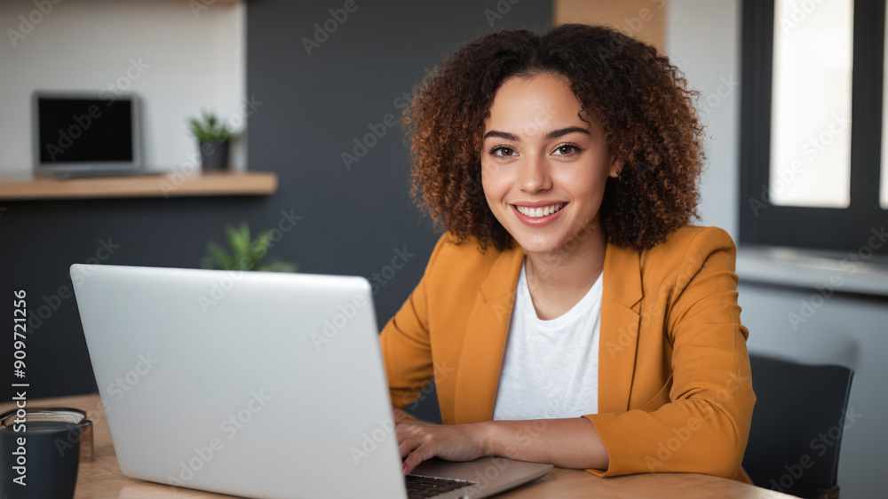 young female portrait working on laptop, smiling and looking at the camera young female portrait working on laptop, smiling and looking at the camera