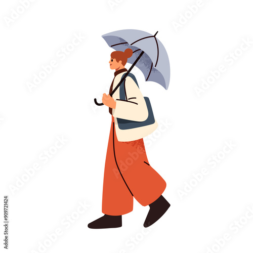 Woman with umbrella, walking in rain. Female character strolling outdoors in ...