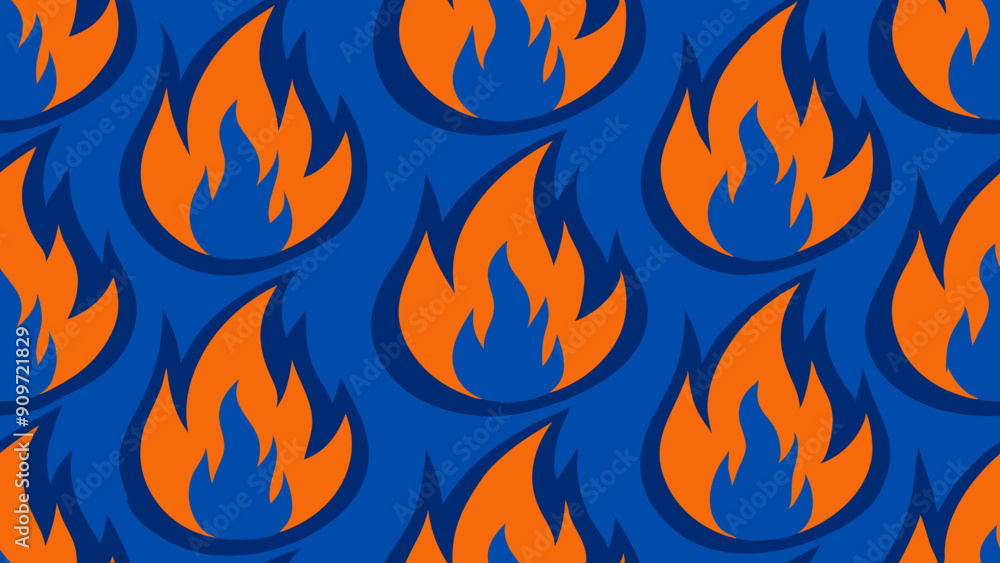 seamless pattern of 2d navy and orange flames, fire, on blue background seamless pattern of 2d navy and orange flames, fire, on blue background
