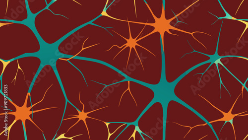 seamless pattern of turquoise and orange neurons, neural network on burgundy background