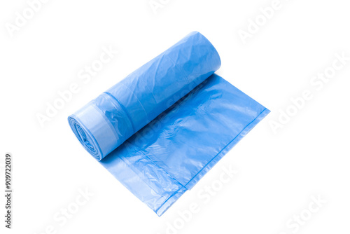 Roll of blue plastic garbage bags isolated on white background