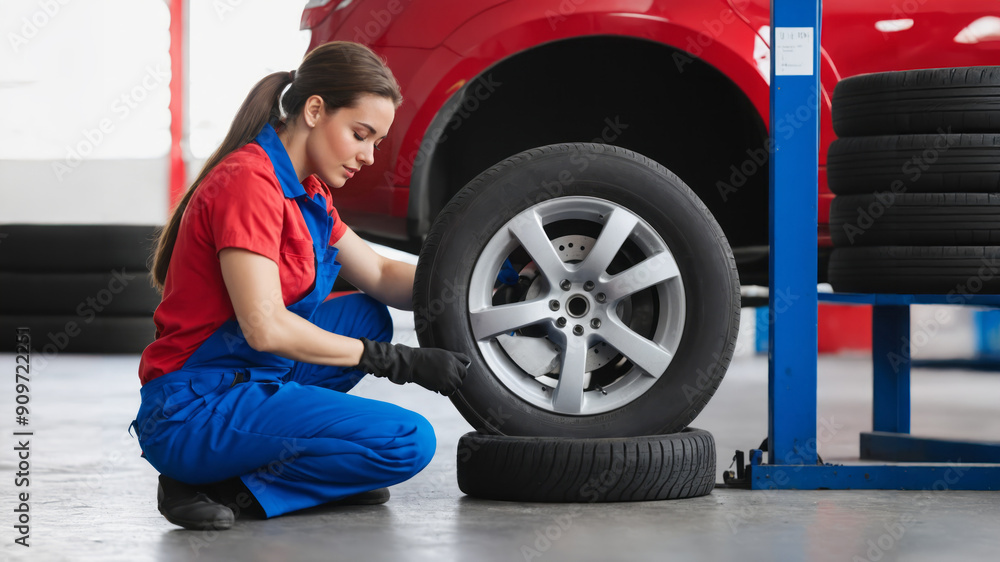 female car mechanic who is changing tires on a car at the tire shop female car mechanic who is changing tires on a car at the tire shop