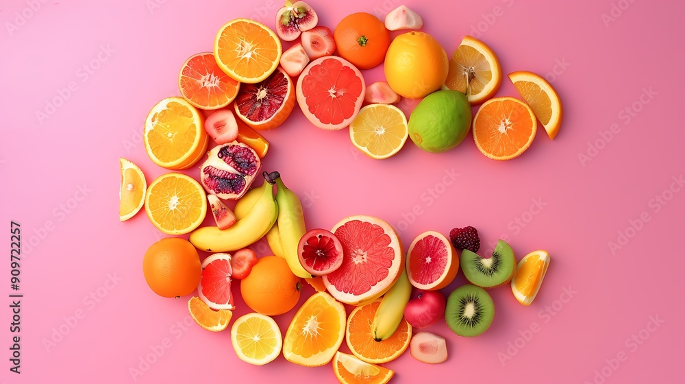 Alphabet of letter C formed with fruits of varied colors isolated on colorful background Alphabet of letter C formed with fruits of varied colors isolated on colorful background