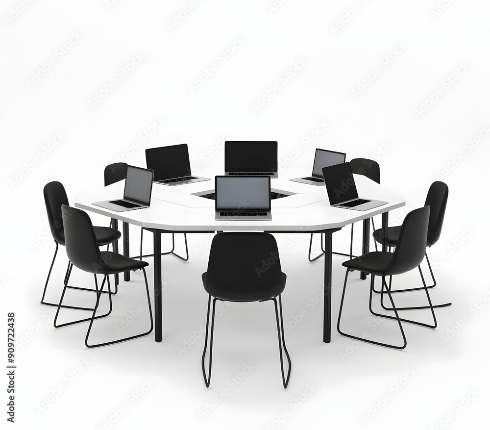 Obraz premium 3d rendering of white table with black chairs and laptops on it,workspace