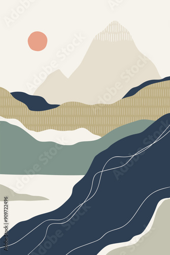 Landscape nature, abstract poster with mountains, sea and sun. Serene calm pe...