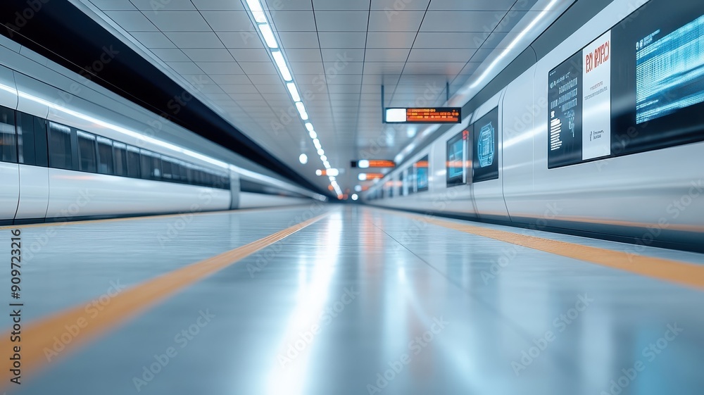 Futuristic subway station with holographic displays and levitating trains. Futuristic subway station with holographic displays and levitating trains.