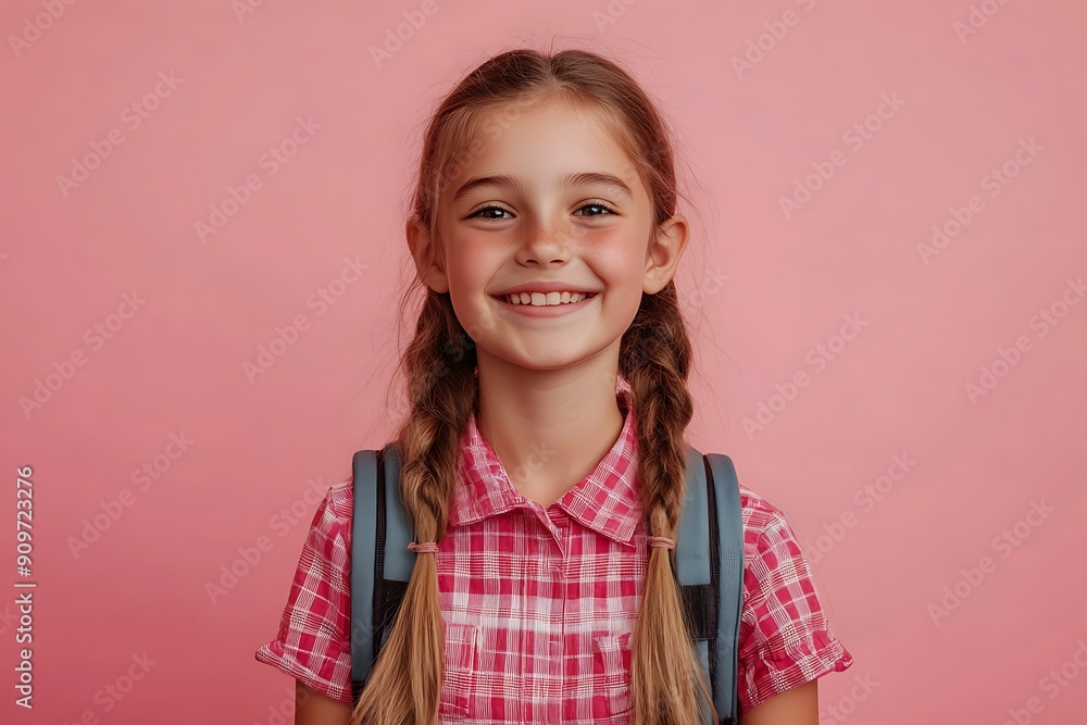 Smiling Schoolgirl with Backpack Against Solid Background Smiling Schoolgirl with Backpack Against Solid Background