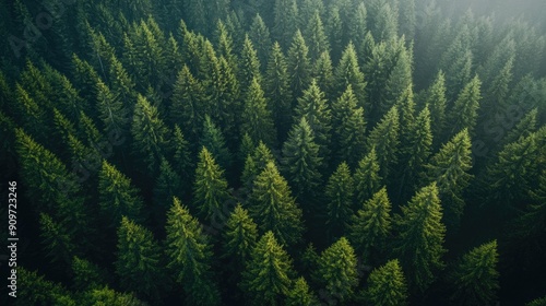 Scenic aerial perspective of green pine forest interspersed with dark spruce trees on mountain hills