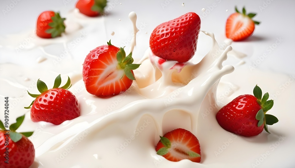 Fresh strawberries splashing into creamy milk or yoghurt, cut out Fresh strawberries splashing into creamy milk or yoghurt, cut out