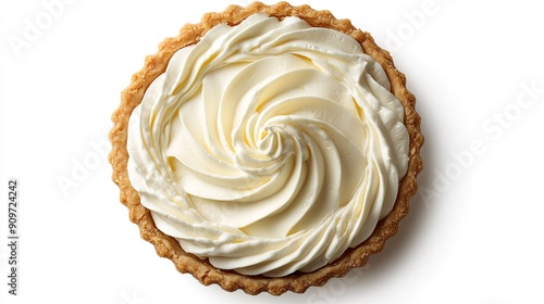 Top view of a Key Lime Pie with a swirl of whipped cream, isolated on white background, offering a clear and appetizing presentation