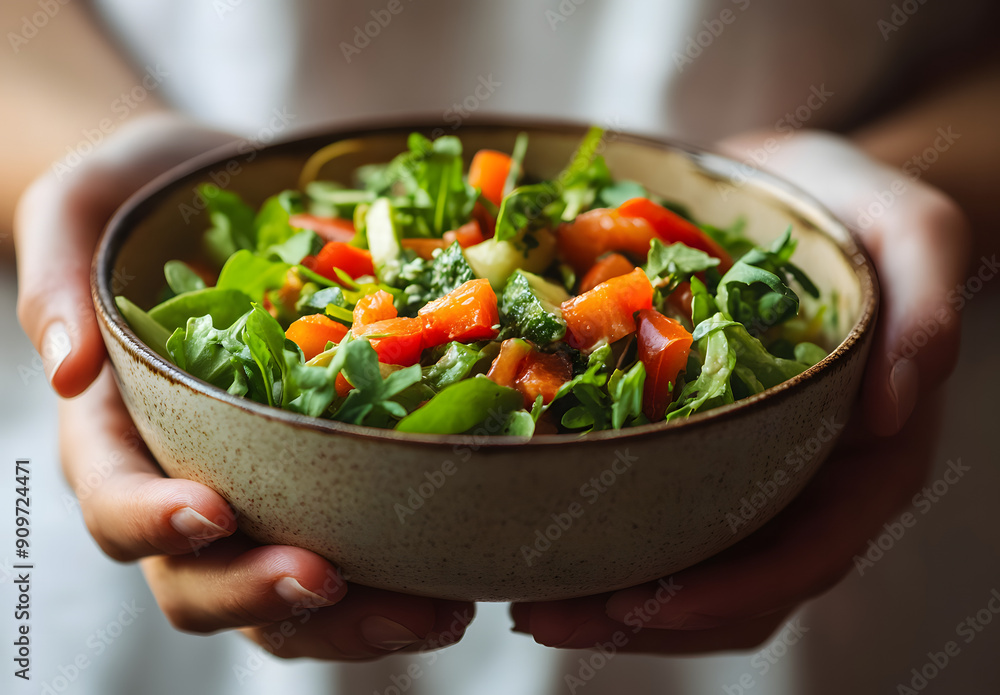 A close-up of a fresh vegetable salad bowl with tomatoes and various greens A close-up of a fresh vegetable salad bowl with tomatoes and various greens
