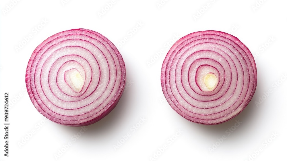 Top view of fresh red onion, sliced in half and cut into rings, isolated on white, ideal for highlighting its crisp, vibrant appearance Top view of fresh red onion, sliced in half and cut into rings, isolated on white, ideal for highlighting its crisp, vibrant appearance