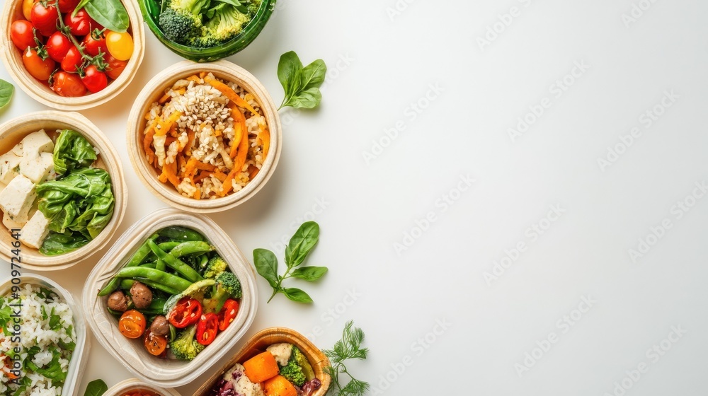Top view of healthy, eco-friendly meal in biodegradable takeaway dishes, with clear white space for additional text or branding Top view of healthy, eco-friendly meal in biodegradable takeaway dishes, with clear white space for additional text or branding
