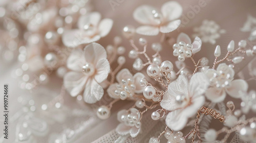 Close-up of a delicate bridal hairpiece with pearls and flowers