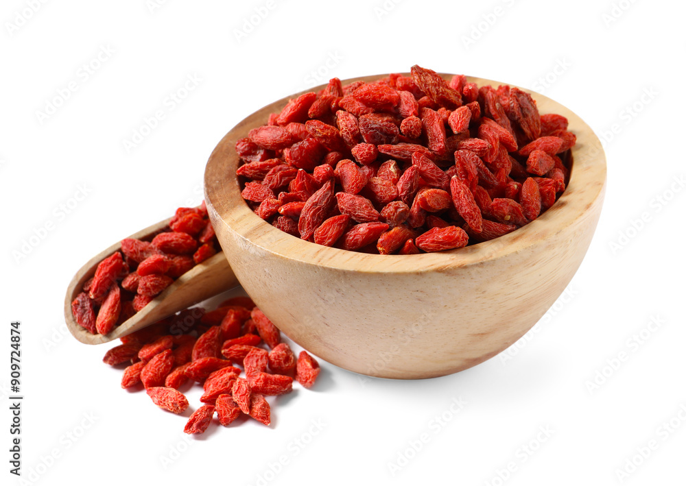 Dried goji berries in bowl and scoop isolated on white Dried goji berries in bowl and scoop isolated on white