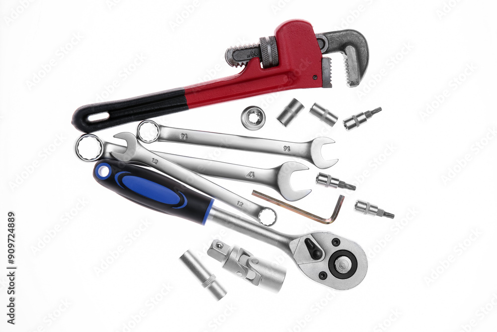 Set of auto mechanic's tools on white background, flat lay Set of auto mechanic's tools on white background, flat lay