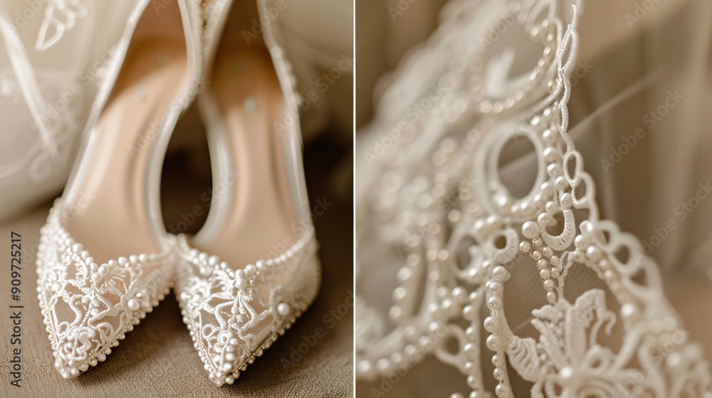 Close-up of a bride's shoe with intricate lace and pearl details Close-up of a bride's shoe with intricate lace and pearl details