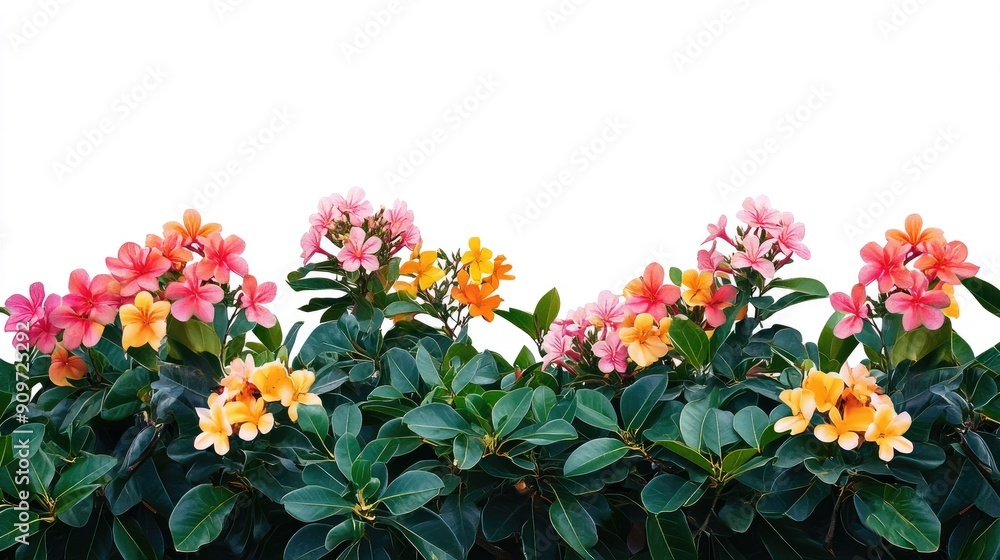 Tropical flower bush with colorful blooms and green leaves, isolated with clipping path for design projects Tropical flower bush with colorful blooms and green leaves, isolated with clipping path for design projects