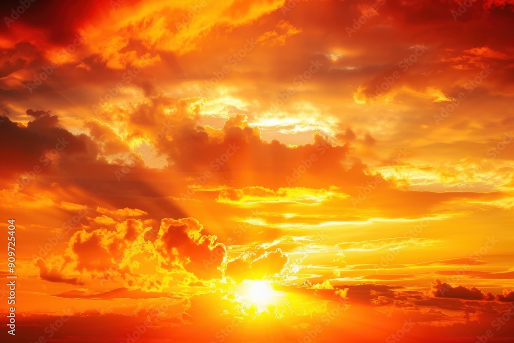 Obraz premium Yellow Sunset Sky. Dusk Twilight with Sunlight and Red Clouds in Idyllic Nature