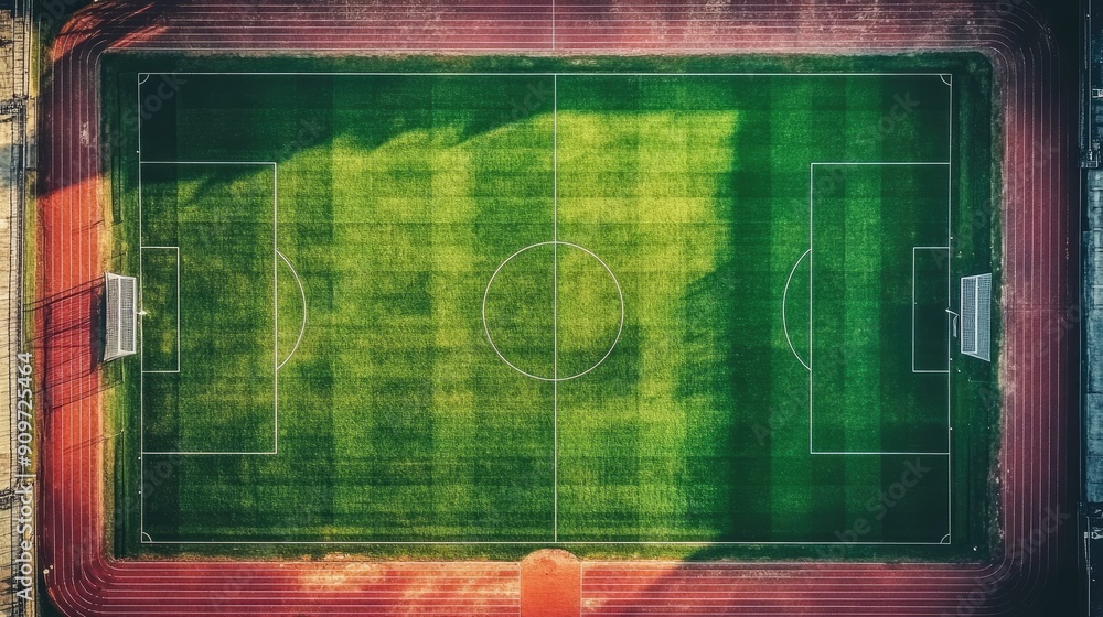 Aerial view of a soccer field in a stadium, clear field lines. Space for sports text.