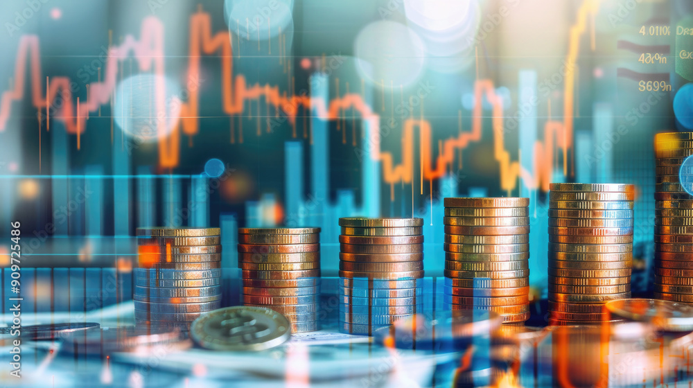 Financial Growth Concept with Stacked Coins and Stock Market Graphs in the Background Financial Growth Concept with Stacked Coins and Stock Market Graphs in the Background