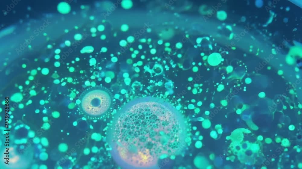 microscopic view of cells or bacteria, showing various shapes and sizes of organisms with a predominance of blue and green footage microscopic view of cells or bacteria, showing various shapes and sizes of organisms with a predominance of blue and green footage