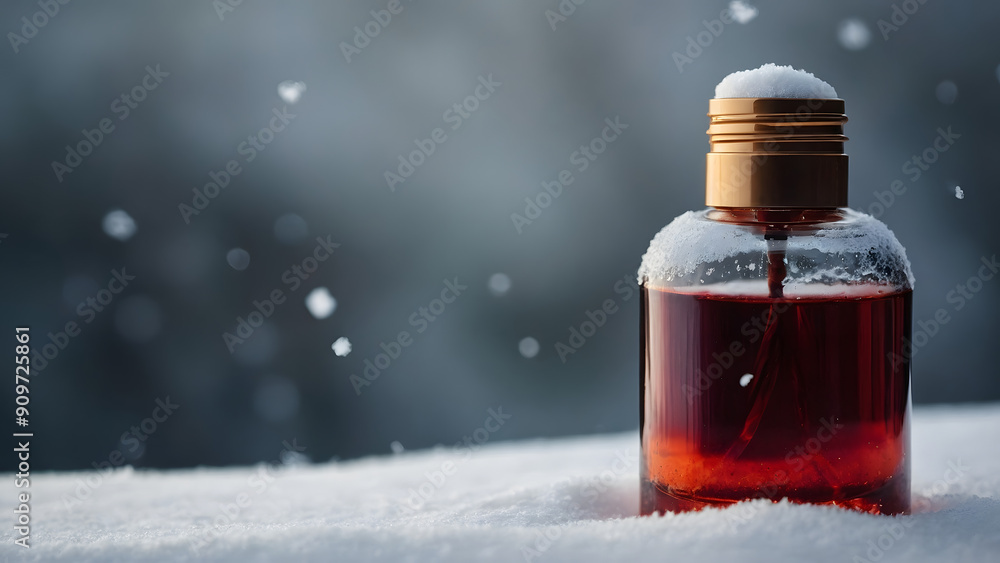 Cosmetic bottle, snow-covered, standing in a snowdrift Cosmetic bottle, snow-covered, standing in a snowdrift