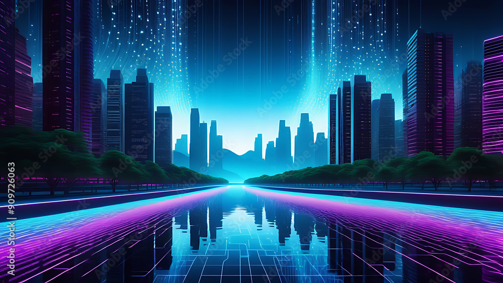 A neon-lit river of digital signals flows against a vibrant backdrop of electric energy and futuristic buildings. A neon-lit river of digital signals flows against a vibrant backdrop of electric energy and futuristic buildings.