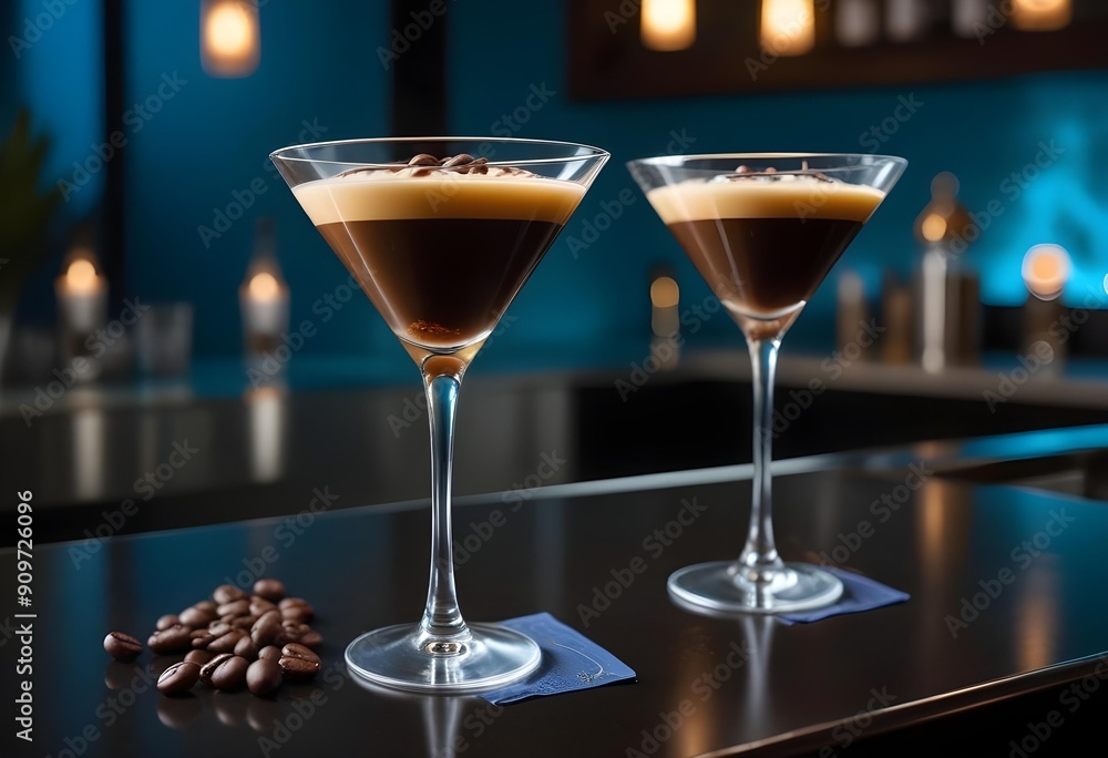 Coffee-flavored alcoholic drink served on a stone countertop in a restaurant or club, with scattered coffee beans on the surface. Coffee-flavored alcoholic drink served on a stone countertop in a restaurant or club, with scattered coffee beans on the surface.