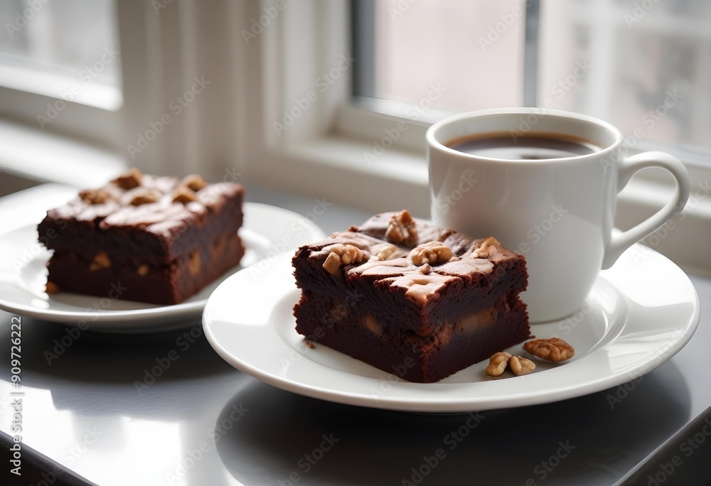 Brownie cake with coffee served in a restaurant or café. Brownie cake with coffee served in a restaurant or café.