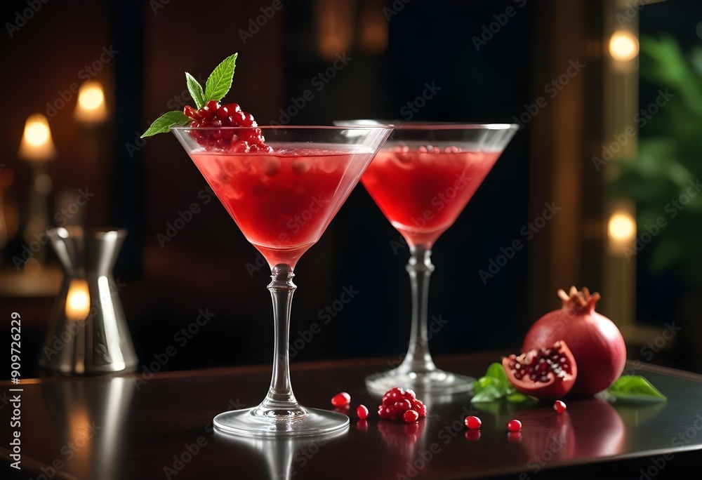 Elegant red cocktail with pomegranate chunks served in a modern bar. Elegant red cocktail with pomegranate chunks served in a modern bar.