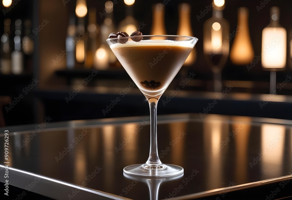 Coffee-flavored alcoholic drink served on a stone countertop in a restaurant or club, with scattered coffee beans on the surface. Coffee-flavored alcoholic drink served on a stone countertop in a restaurant or club, with scattered coffee beans on the surface.