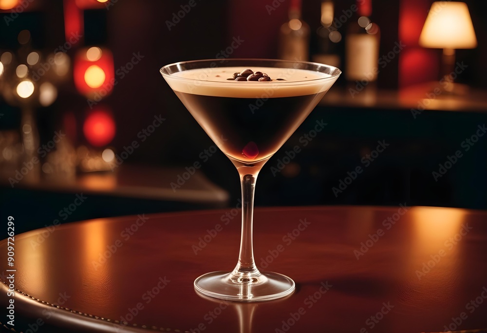Coffee-flavored alcoholic drink served on a stone countertop in a restaurant or club, with scattered coffee beans on the surface. Coffee-flavored alcoholic drink served on a stone countertop in a restaurant or club, with scattered coffee beans on the surface.