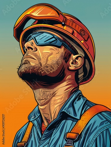 vector illustration of seeing disability of a man working wearing a helmet or headgear having dificulties to see, with generative ai photo