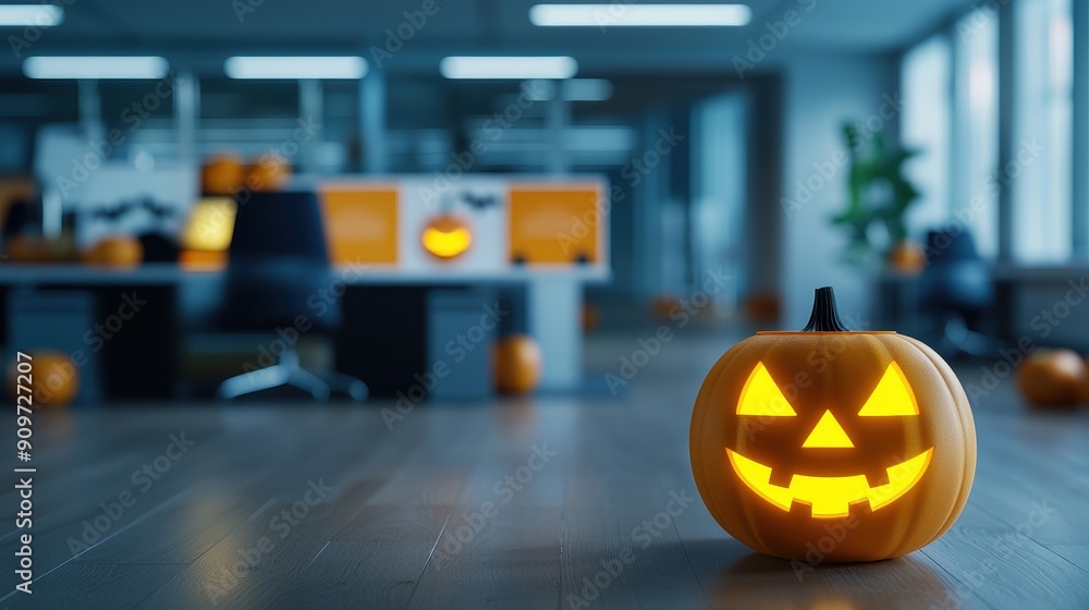 A spooky illuminated pumpkin in a modern office setting, evoking Halloween spirit amidst desk decorations and festive ambiance. A spooky illuminated pumpkin in a modern office setting, evoking Halloween spirit amidst desk decorations and festive ambiance.