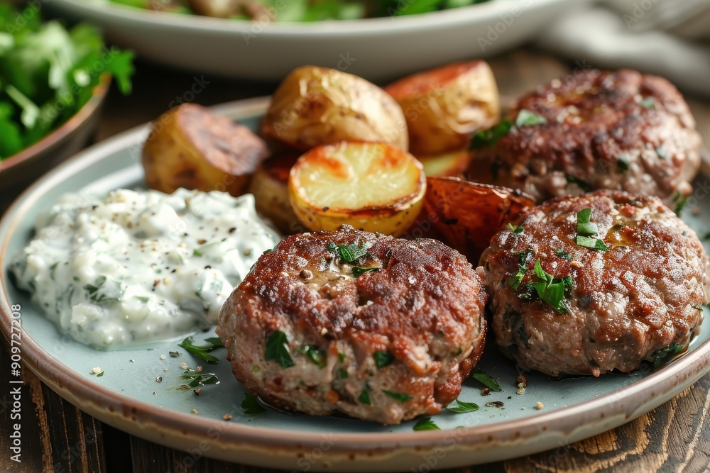 A plate of biftekia, Greek-style beef patties served with roasted potatoes and a side of tzatziki. A plate of biftekia, Greek-style beef patties served with roasted potatoes and a side of tzatziki.