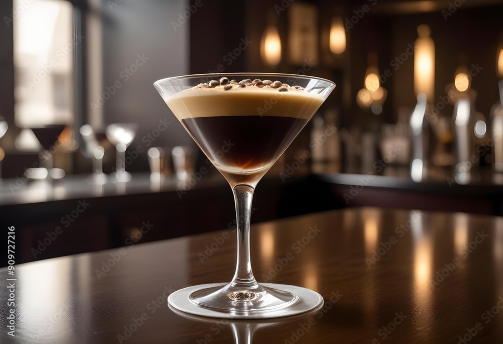 Coffee-flavored alcoholic drink served on a stone countertop in a restaurant or club, with scattered coffee beans on the surface. Coffee-flavored alcoholic drink served on a stone countertop in a restaurant or club, with scattered coffee beans on the surface.
