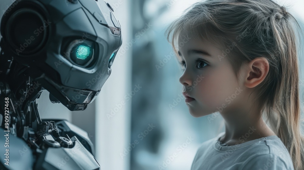 A young child gazes curiously at a robot, exploring the wonders of technology in a well-lit room during the day A young child gazes curiously at a robot, exploring the wonders of technology in a well-lit room during the day