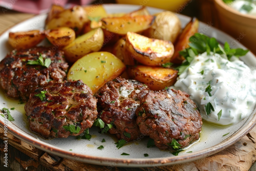 A plate of biftekia, Greek-style beef patties served with roasted potatoes and a side of tzatziki. A plate of biftekia, Greek-style beef patties served with roasted potatoes and a side of tzatziki.
