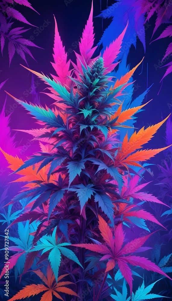 A vibrant, psychedelic cannabis plant with colorful, abstract leaves in shades of purple, blue, orange, and green against a dark background A vibrant, psychedelic cannabis plant with colorful, abstract leaves in shades of purple, blue, orange, and green against a dark background