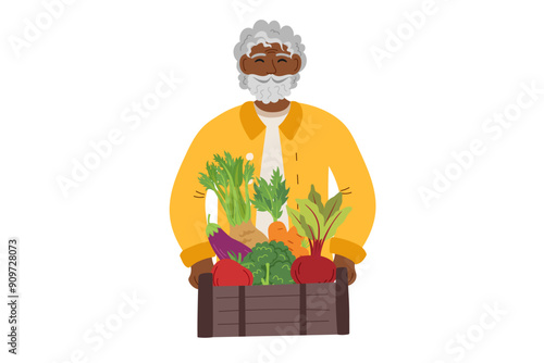 Harvest festival. Autumn, harvest and Thanksgiving concept. Man with box of vegetables isolated on white.
