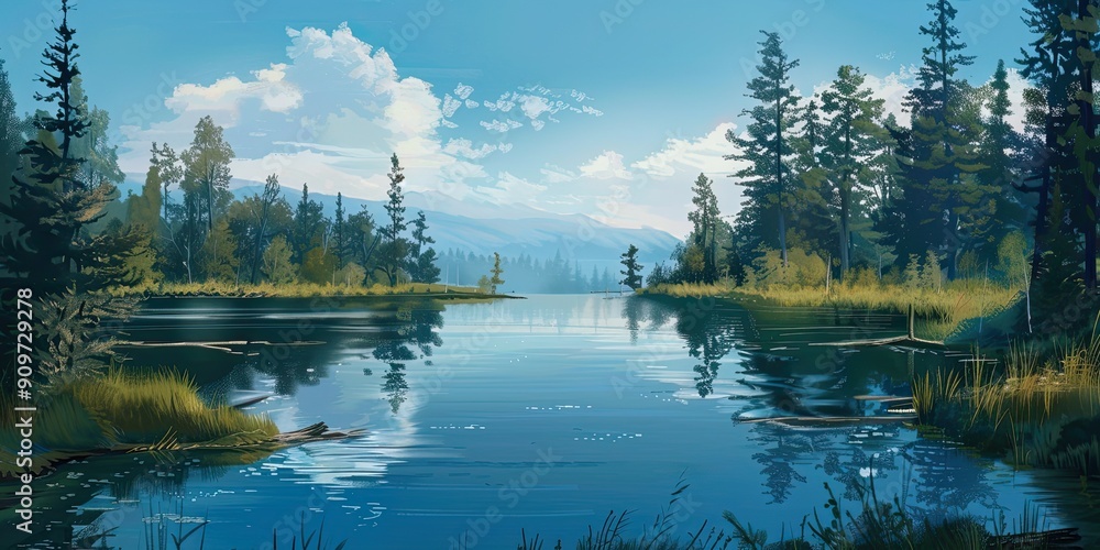Fototapeta premium Panorama of a serene lake surrounded by pine trees 