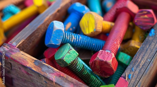 Close up of colorful wooden bolts in a wooden box isolated on colorful background