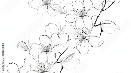 Wallpaper Mural sketches of apple blossoms, simple line drawings , black and white, coloring book style, white background, patterns, background, wallpaper. Torontodigital.ca
