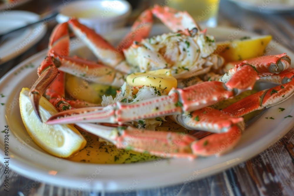 A plate of crab legs, steamed and served with melted butter and lemon wedges A plate of crab legs, steamed and served with melted butter and lemon wedges