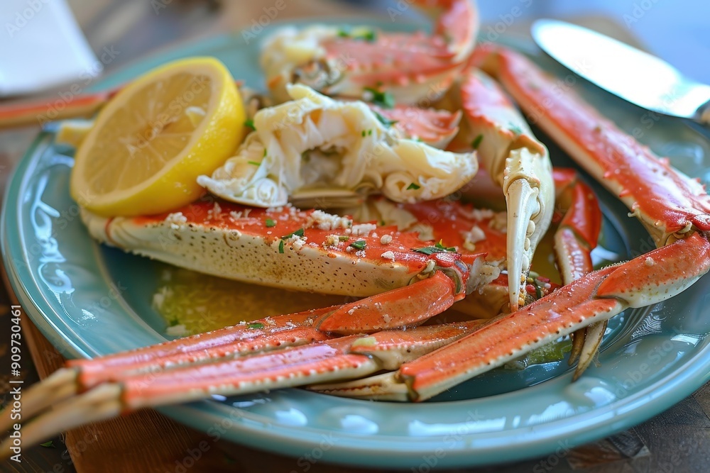 A plate of crab legs, steamed and served with melted butter and lemon wedges A plate of crab legs, steamed and served with melted butter and lemon wedges