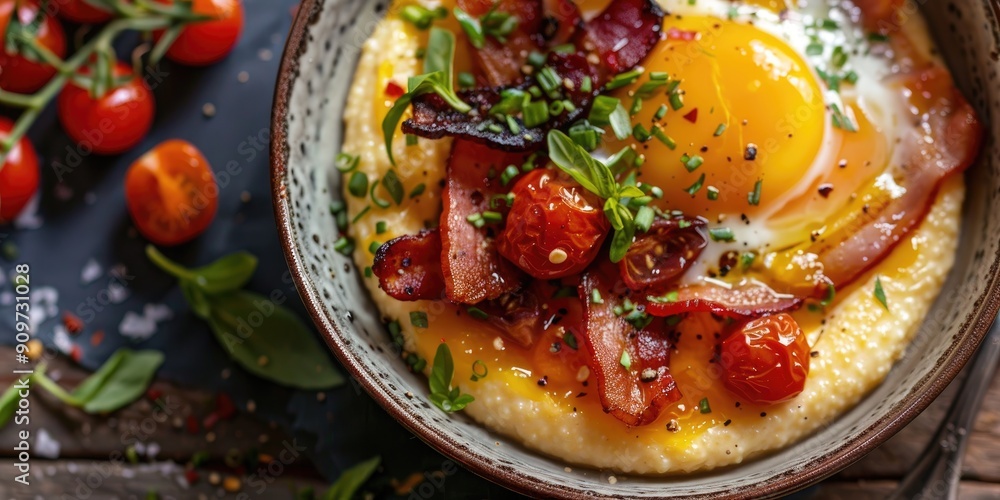 Breakfast Polenta Bowls with Cheesy Eggs Crispy Bacon and Roasted Cherry Tomatoes Breakfast Polenta Bowls with Cheesy Eggs Crispy Bacon and Roasted Cherry Tomatoes