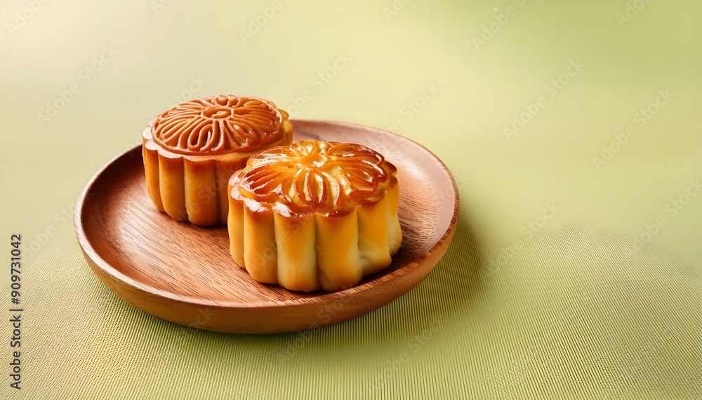 Chinese Mid-Autumn Festival concept made from mooncakes on wooden trays Chinese Mid-Autumn Festival concept made from mooncakes on wooden trays