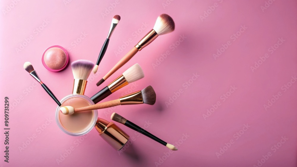 Floating cosmetics and make up brush on a pink background, cosmetics, make up, floating, brush, beauty, pink Floating cosmetics and make up brush on a pink background, cosmetics, make up, floating, brush, beauty, pink