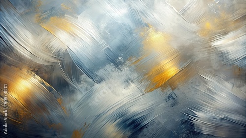 Elegant abstract art background with dynamic brushstrokes and metallic sheen on a modern silver canvas surface, abstract